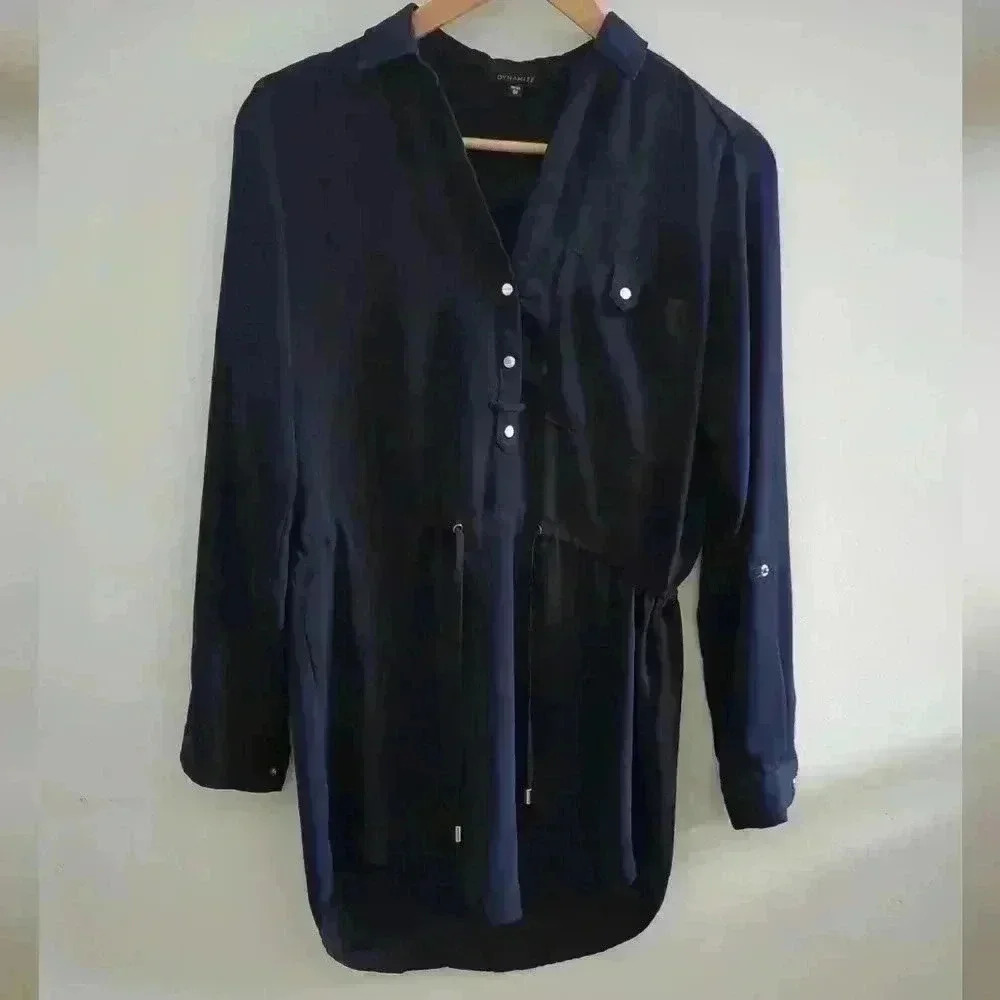 DYNAMITE | Women's  Navy Collard V-Neck Long Sleeved Top